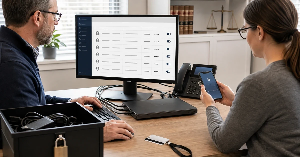 Law firm administrator configuring user permissions while a staff member confirms multifactor authentication