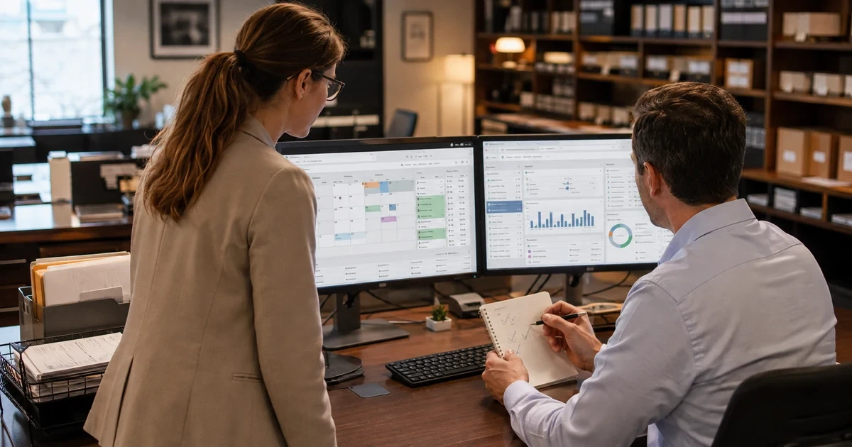 Legal operations team validating synchronized calendar email accounting and matter data across applications