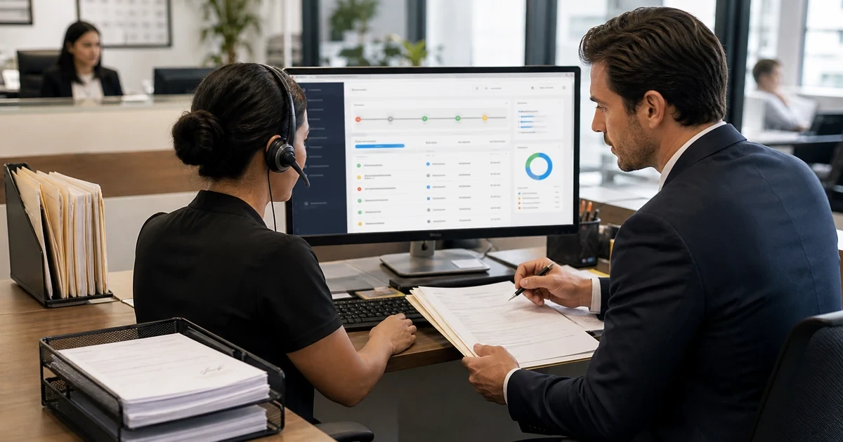 Legal intake coordinator and attorney reviewing a new client record matter stages and document automation