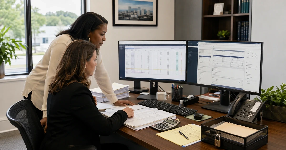 Law firm finance manager and bookkeeper reconciling client trust balances invoices and accounting records