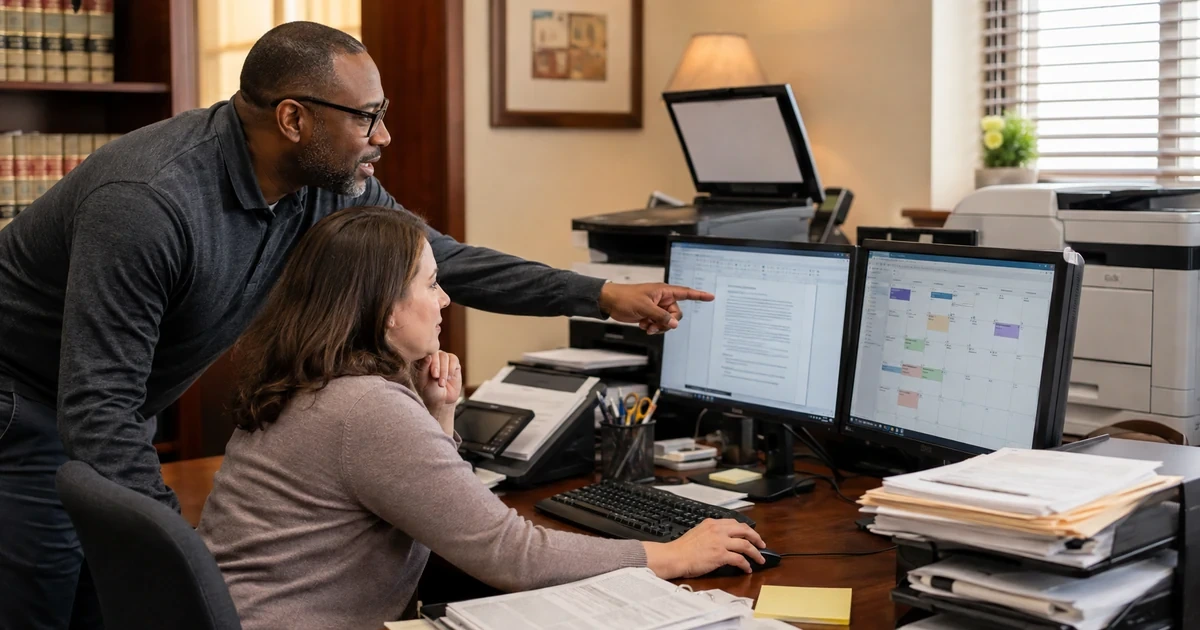 IT specialist helping a paralegal resolve document email printing and practice workflow problems