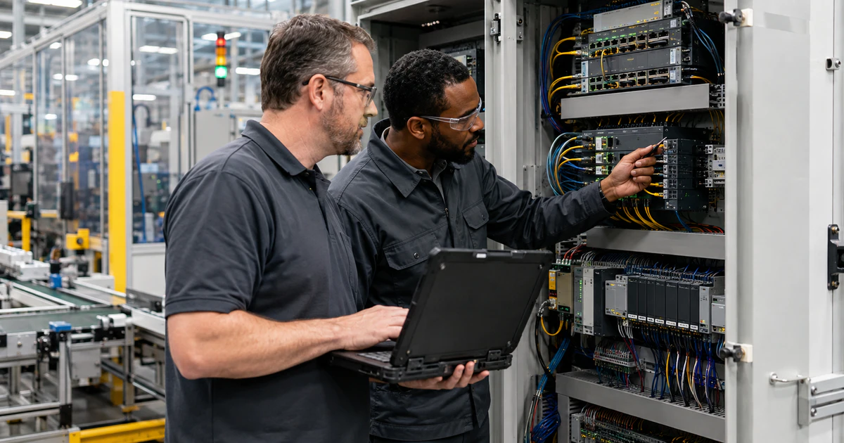 Industrial IT specialists inspecting network and controls equipment on a factory floor