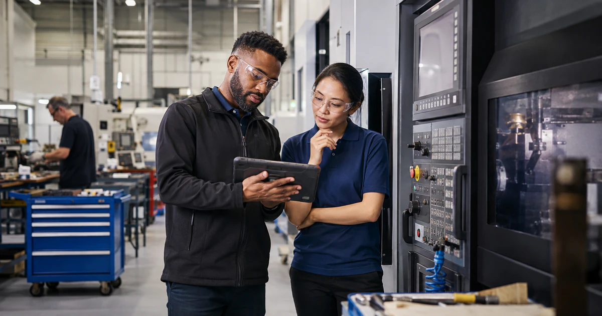 Manufacturing engineer and IT specialist reviewing production equipment on a tablet