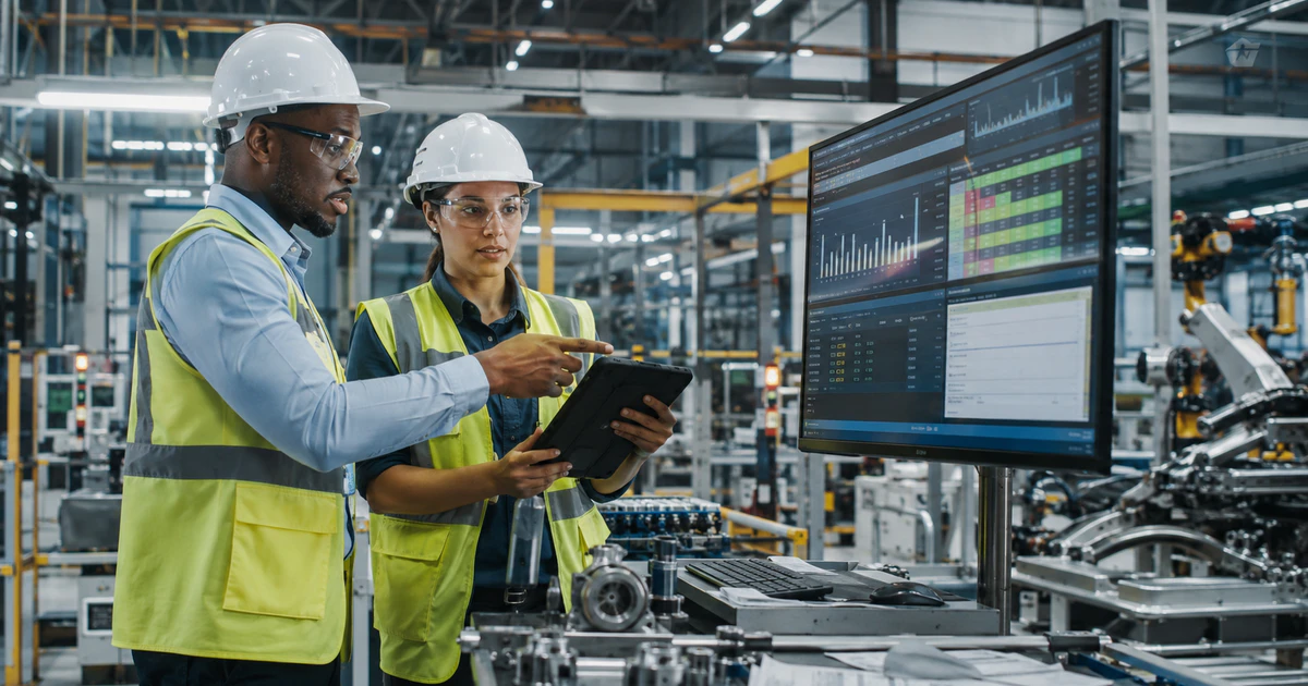 Manufacturing team reviewing production planning data beside an assembly line
