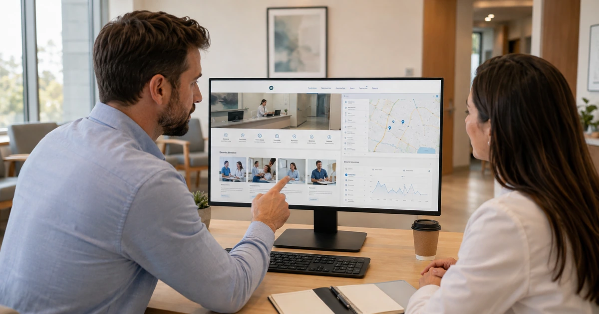 Practice owner and digital strategist reviewing medical service pages local map visibility and appointment performance