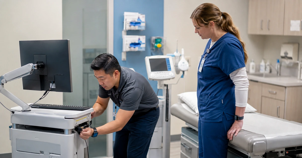 IT technician troubleshooting a clinical workstation and connected medical device with a nurse