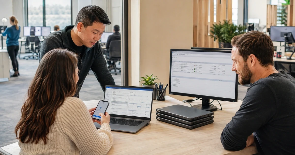 Employees validating Microsoft 365 email calendar identity and mobile authentication during rollout