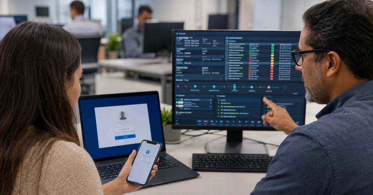 IT specialist tracing Microsoft 365 sign in logs permissions and device access with an employee