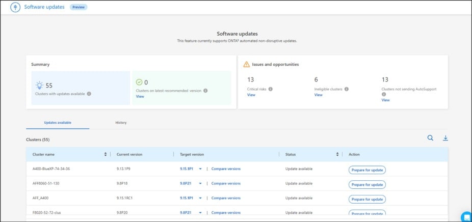 NetApp ONTAP management console showing storage systems and software updates