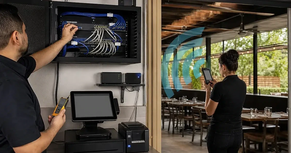 Network technician testing managed switches while a business employee verifies wireless connectivity