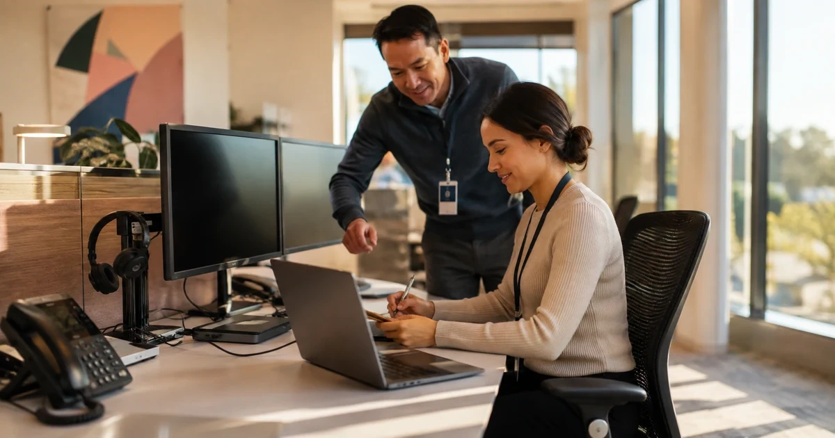 IT technician helping a new employee at a fully prepared business workstation