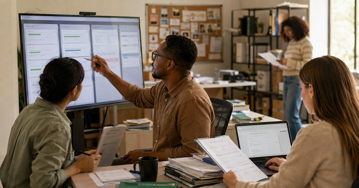 Nonprofit staff supervising AI assisted volunteer intake grant documentation and administrative workflows