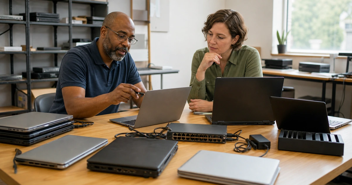Nonprofit operations director and IT advisor reviewing aging laptops network equipment and replacement priorities