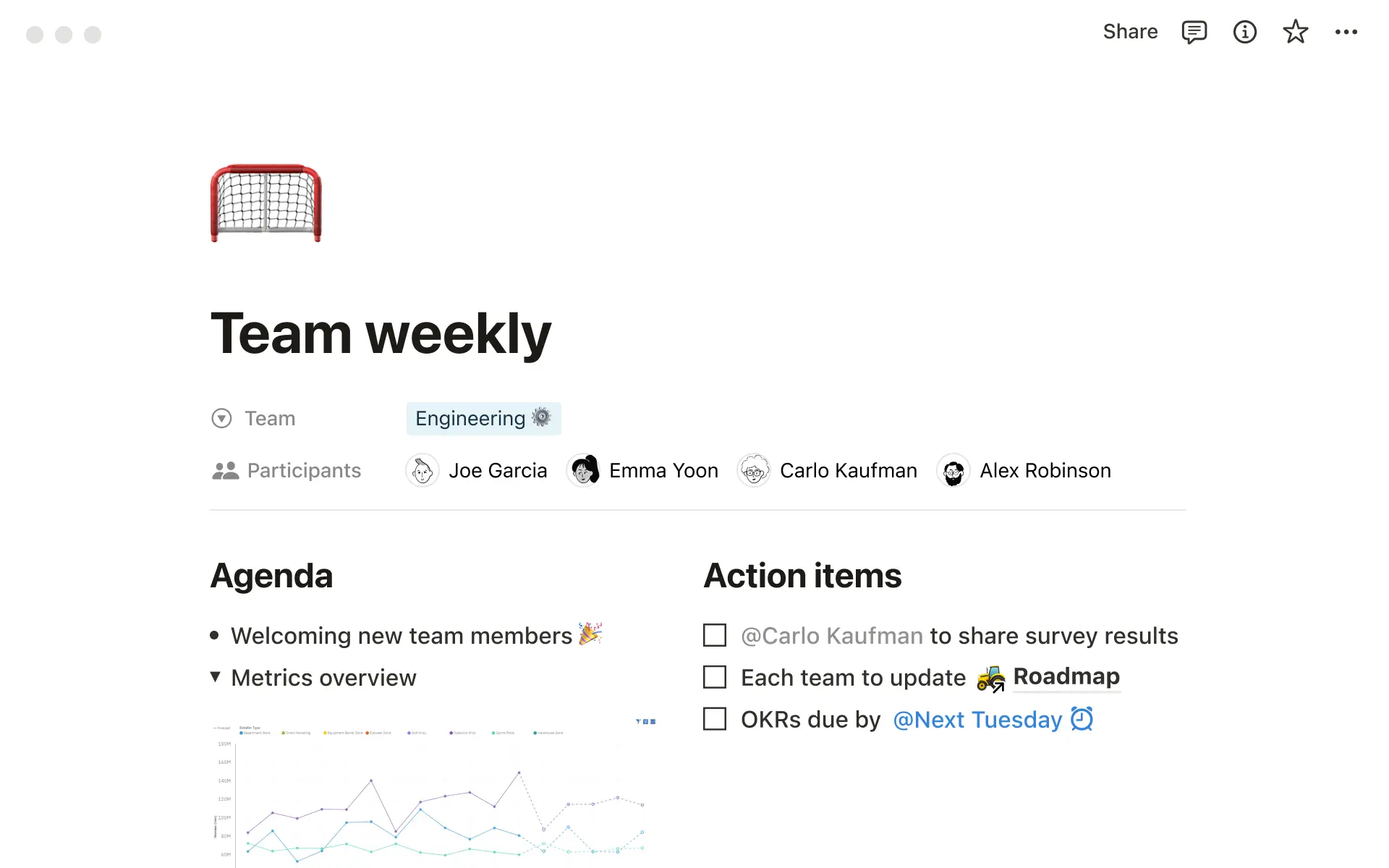Notion team document with an agenda, action items, and linked pages