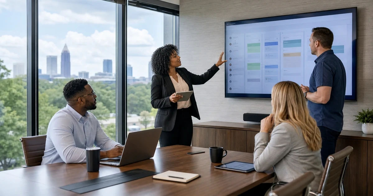 HR and IT leaders assigning employee onboarding improvements in a conference room
