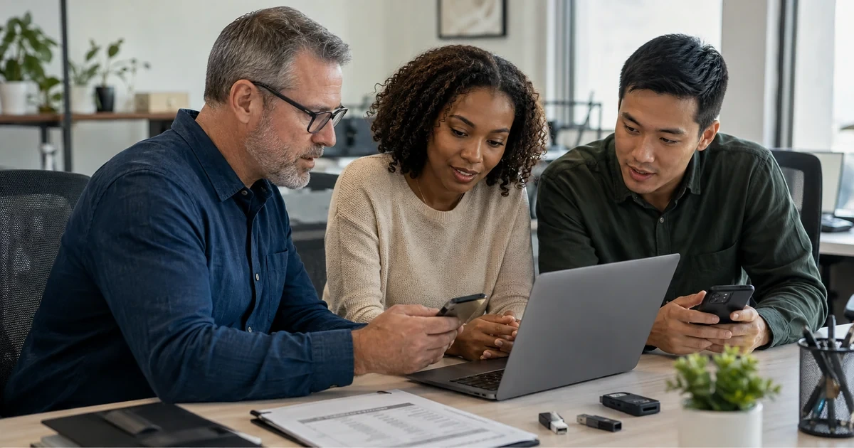 IT administrator helping employees enroll business laptops, phones, and security keys during a password manager and MFA rollout