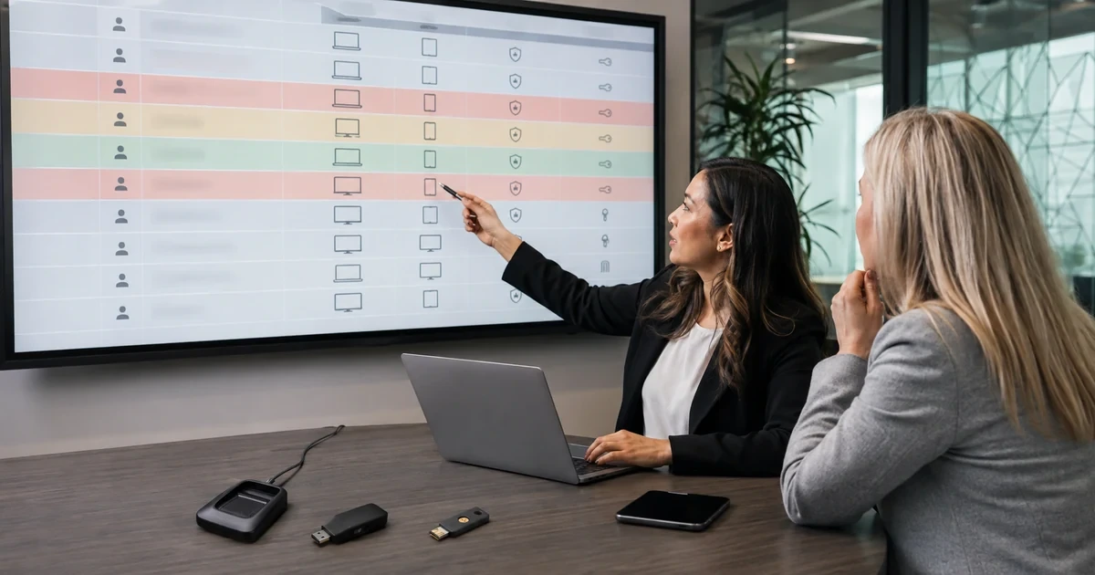 Cybersecurity consultant and business leader comparing account risks, devices, and authentication controls
