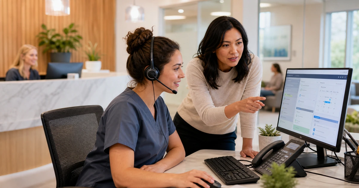 Medical patient access team coordinating calls online inquiries and appointment scheduling