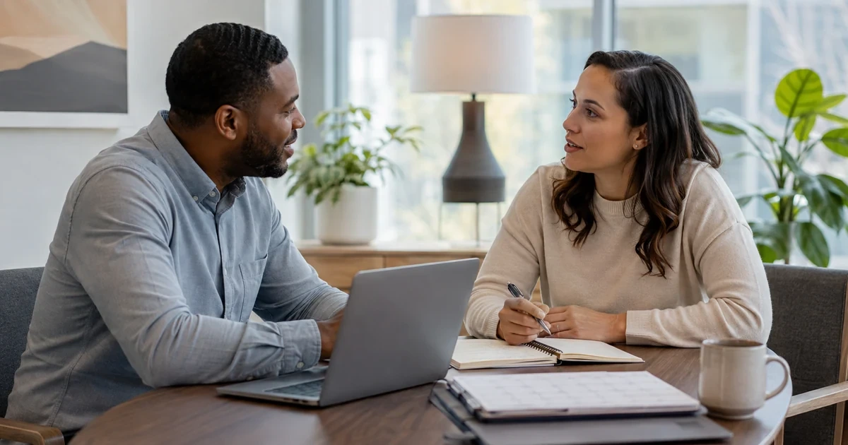 Manager and employee setting goals together during a constructive one on one meeting