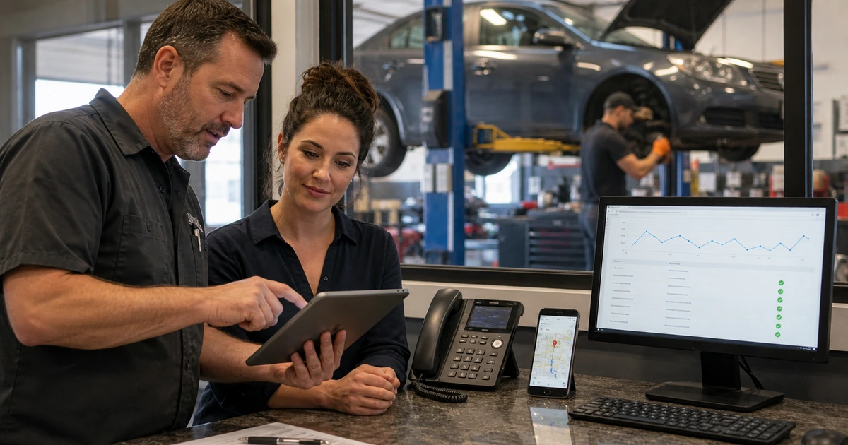 Auto repair shop owner and marketing specialist reviewing profile calls directions and booked appointments
