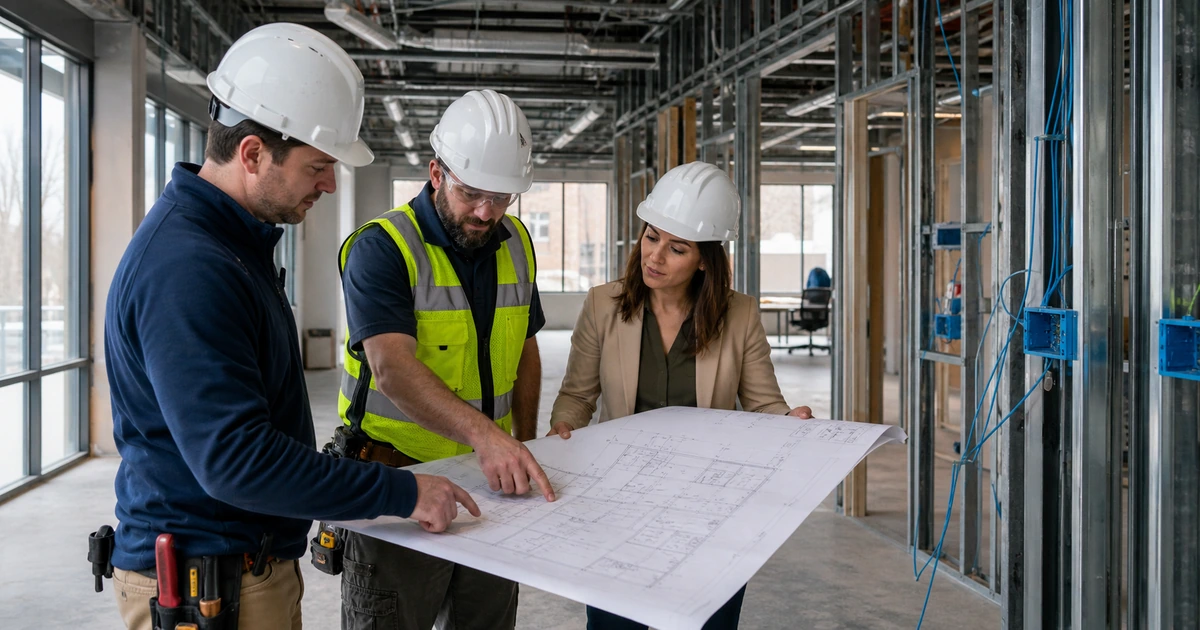 Project team marking voice data wireless conference room and printer locations in an unfinished office