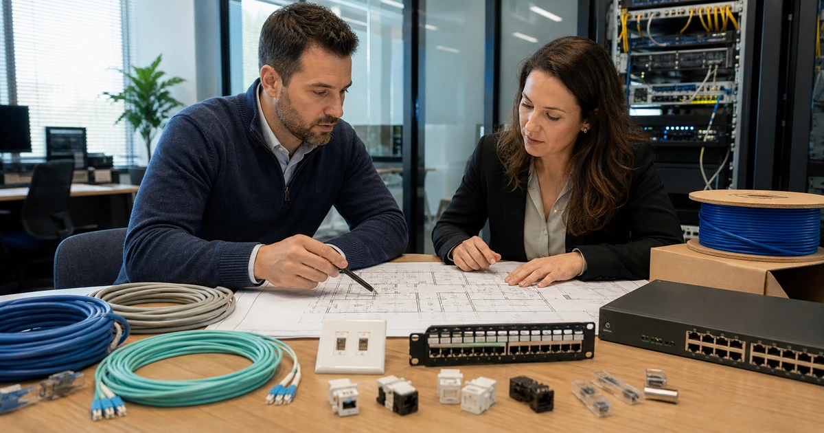 IT consultant and business manager comparing copper fiber patch panels jacks and network switches