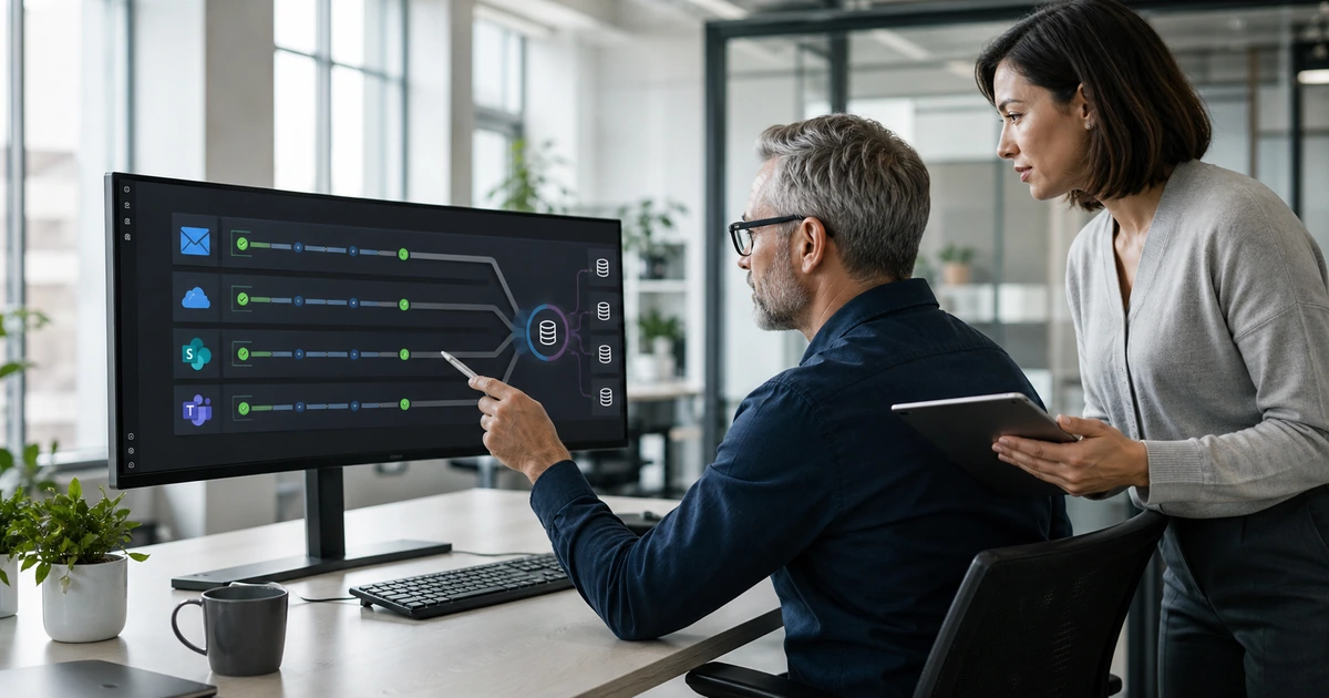 Cloud administrator configuring backup protection for Microsoft 365 email files sites and collaboration data