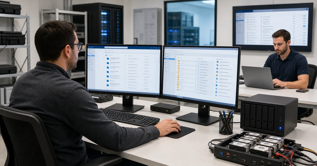 Cloud engineer comparing original and restored Microsoft 365 files in an isolated recovery test environment