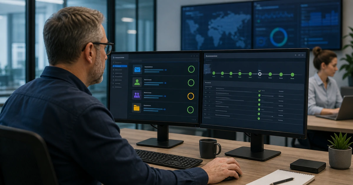 Cloud backup administrator reviewing Microsoft 365 workload coverage recovery points and protection status
