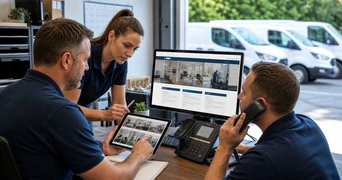 Home services team verifying location photos service area pages and tracked calls before a local SEO launch