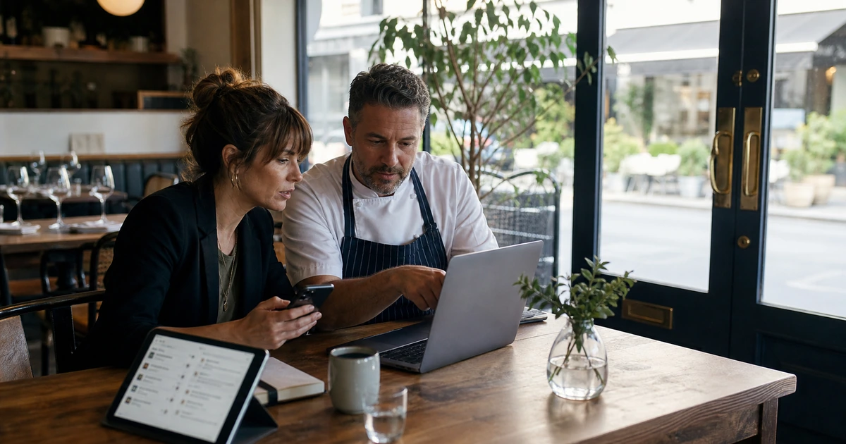 Restaurant owner and marketing specialist checking local service pages business listings and customer reviews