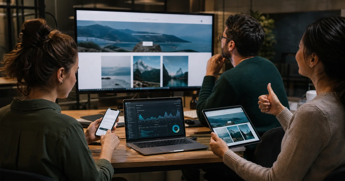 Web team validating a new business website across desktop tablet mobile forms and analytics