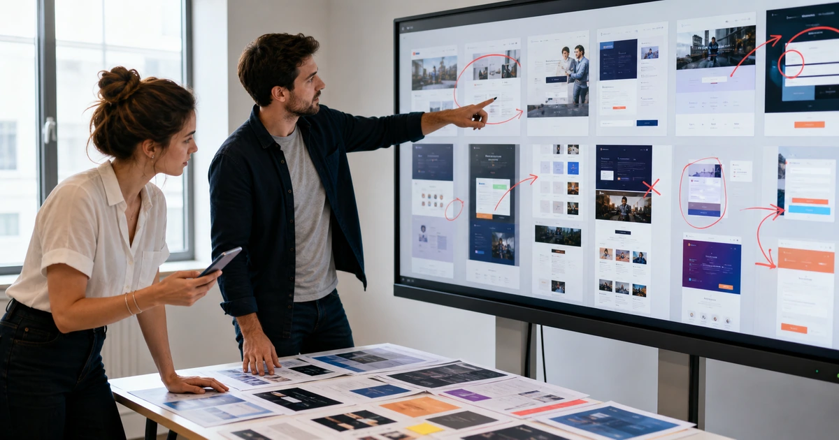 Web strategists reviewing service pages landing pages forms and calls to action on a large display