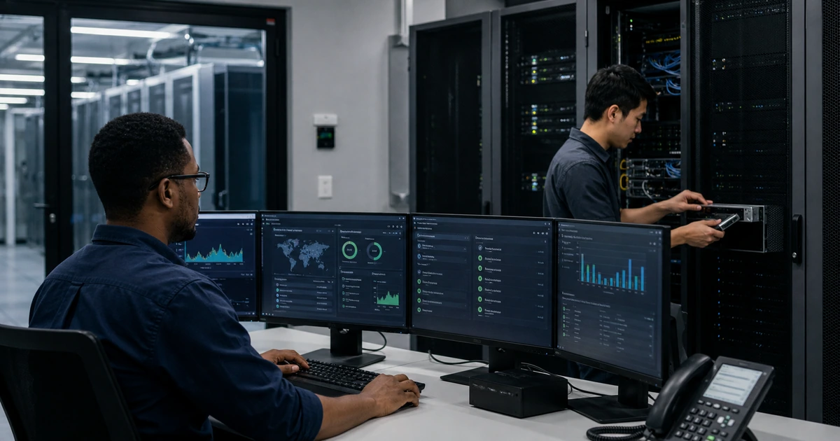 Systems administrators monitoring secure hosting updates backups and access controls in a data center