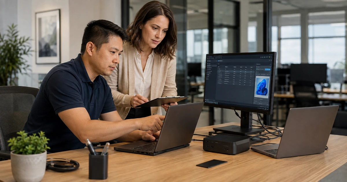 IT engineer and operations manager configuring approved remote support across business computers