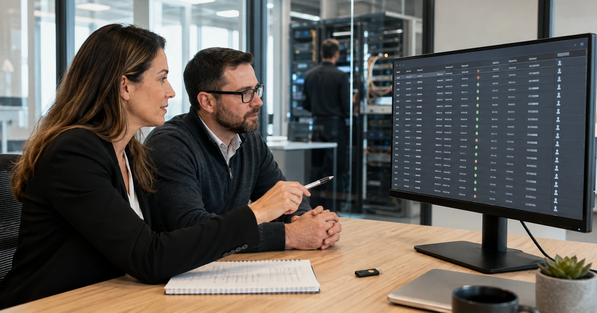 IT service manager and security administrator reviewing remote support session history and technician access