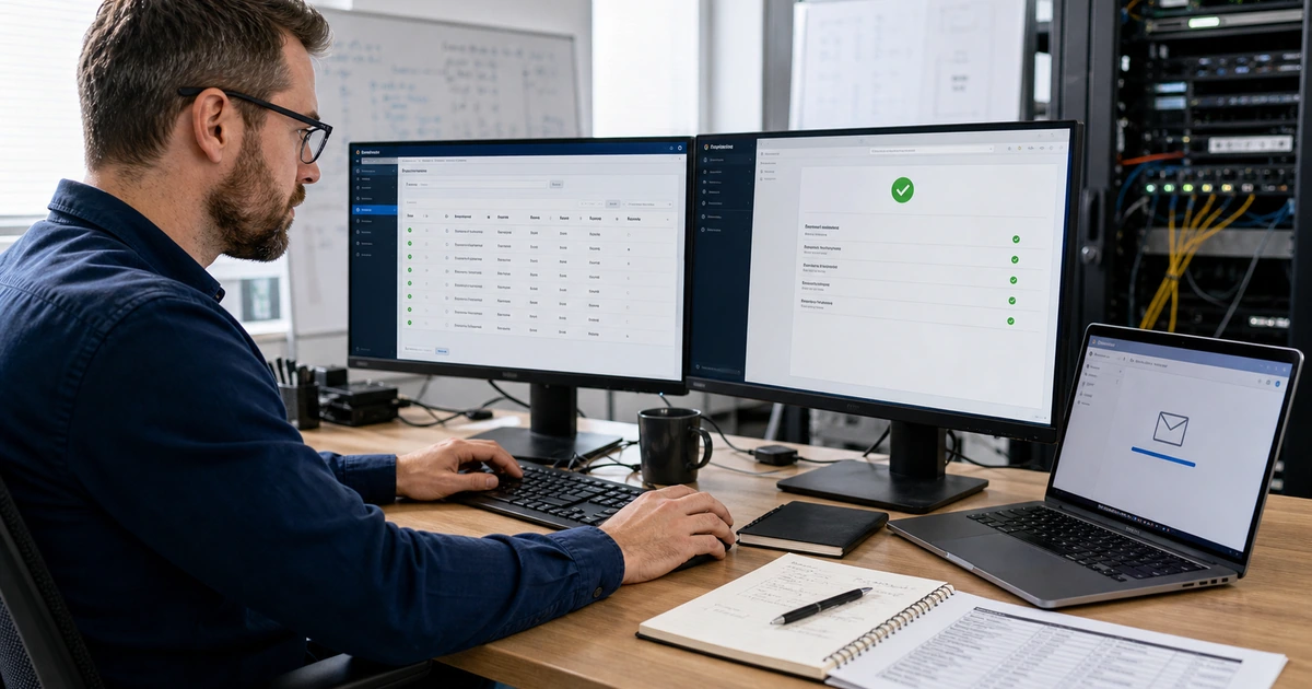 Email administrator configuring DNS authentication records and validating test message delivery