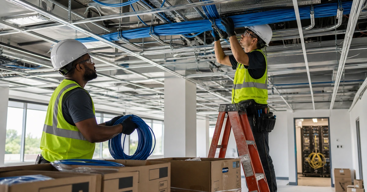 Low voltage crew routing structured cabling through ceiling supports in a new commercial office