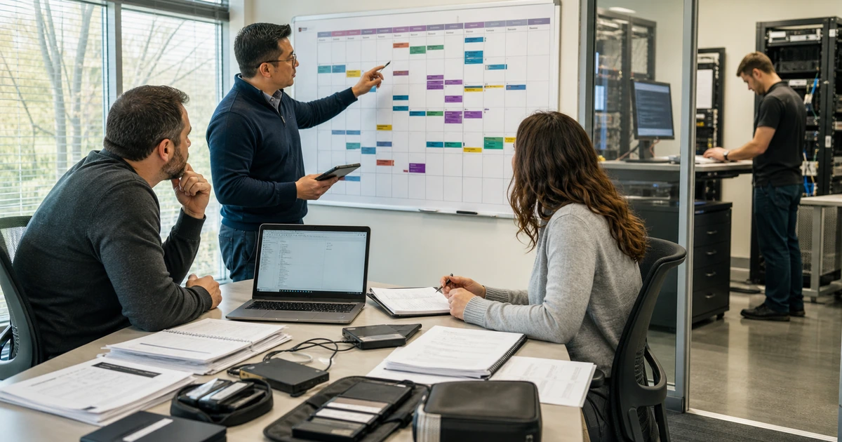 IT manager and application owners scheduling recovery tests beside a working recovery lab