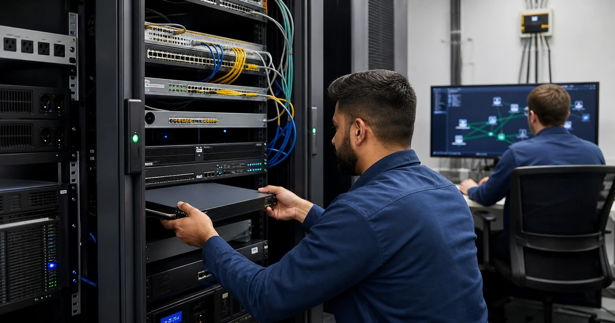Technician installing network monitoring equipment while an engineer confirms device discovery