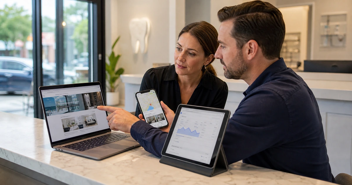 Dental office manager and local search consultant reviewing service pages map listings and lead activity