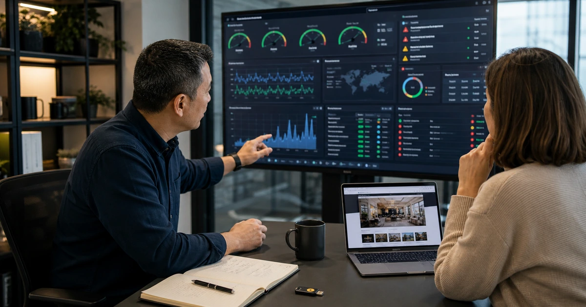 Web security consultant and business owner reviewing hosting resources firewall activity backups and uptime