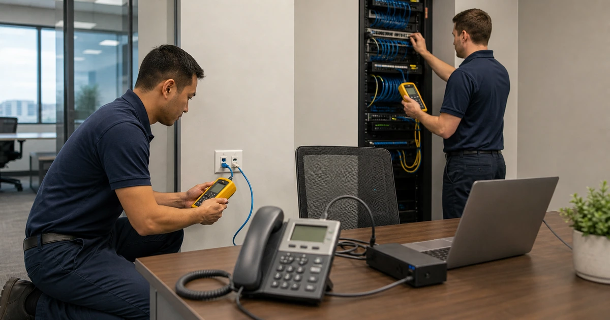 Low voltage technicians testing an office voice and data outlet from the desk to the network rack