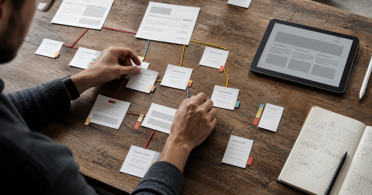 Information architect arranging printed page cards into a practical website content hierarchy