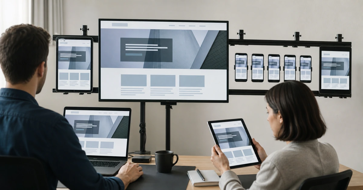 Web team testing the same business website across desktop tablet laptop and mobile screens