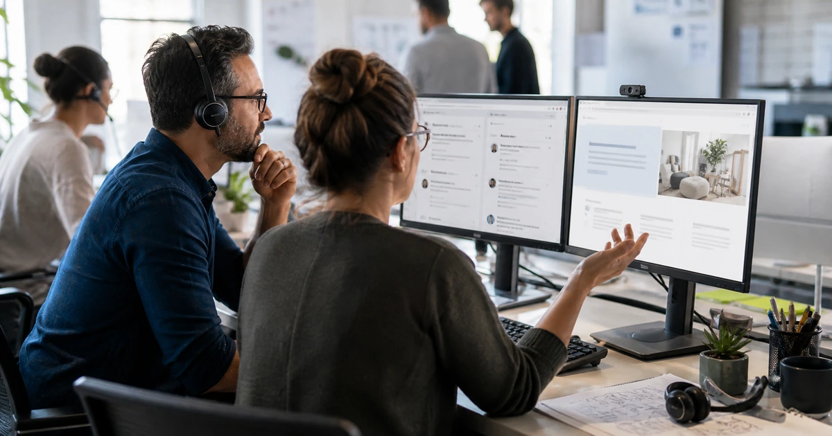 UX designer and support lead reviewing customer questions beside a simplified business service page