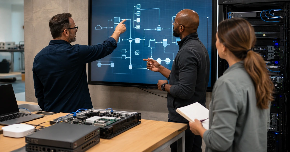 Virtual CTO and solutions architect reviewing cloud network application and integration architecture