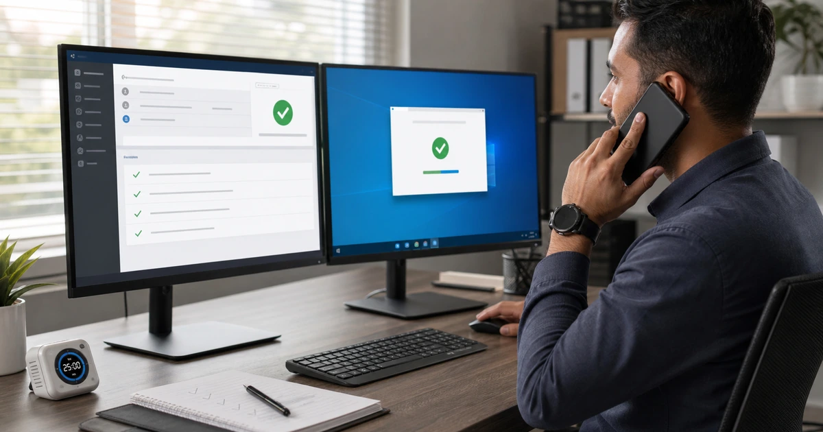 Help desk analyst confirming a resolved support ticket with a business user