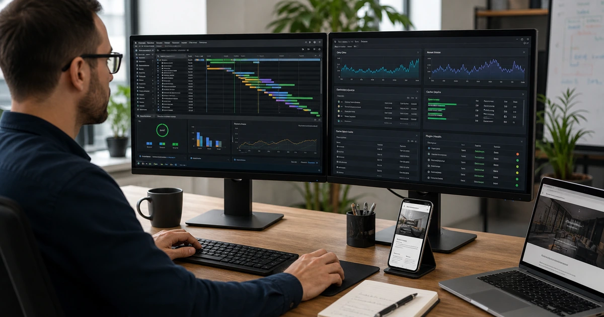 Web performance engineer reviewing page load server database cache and plugin health across devices