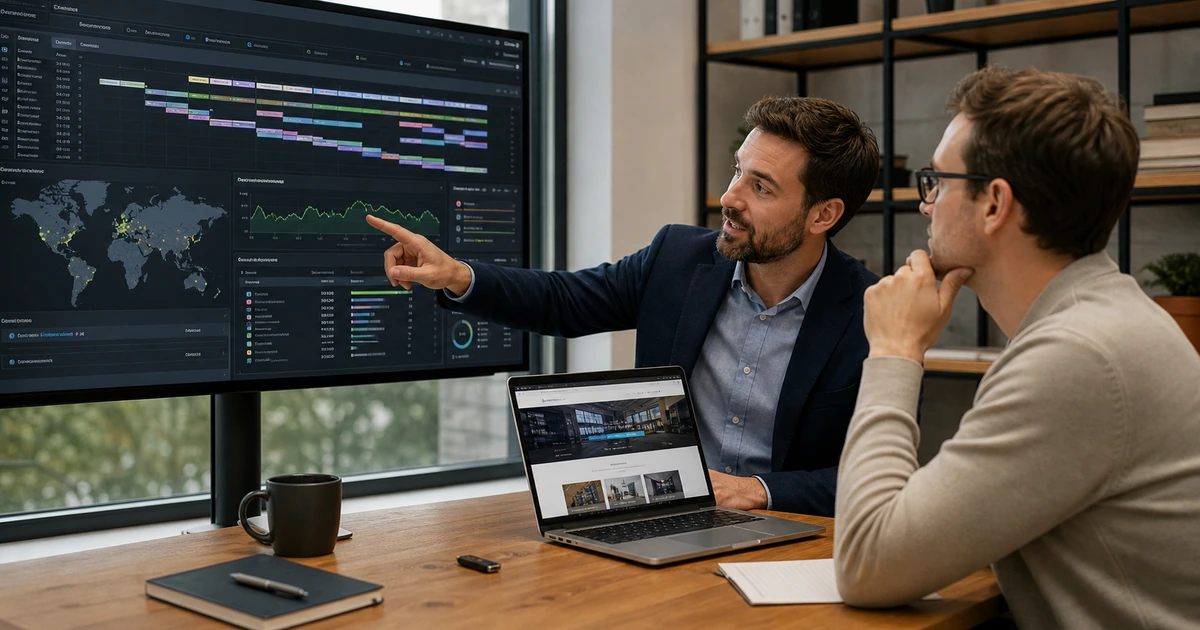 Web infrastructure consultant and business owner reviewing hosting performance ownership and risk